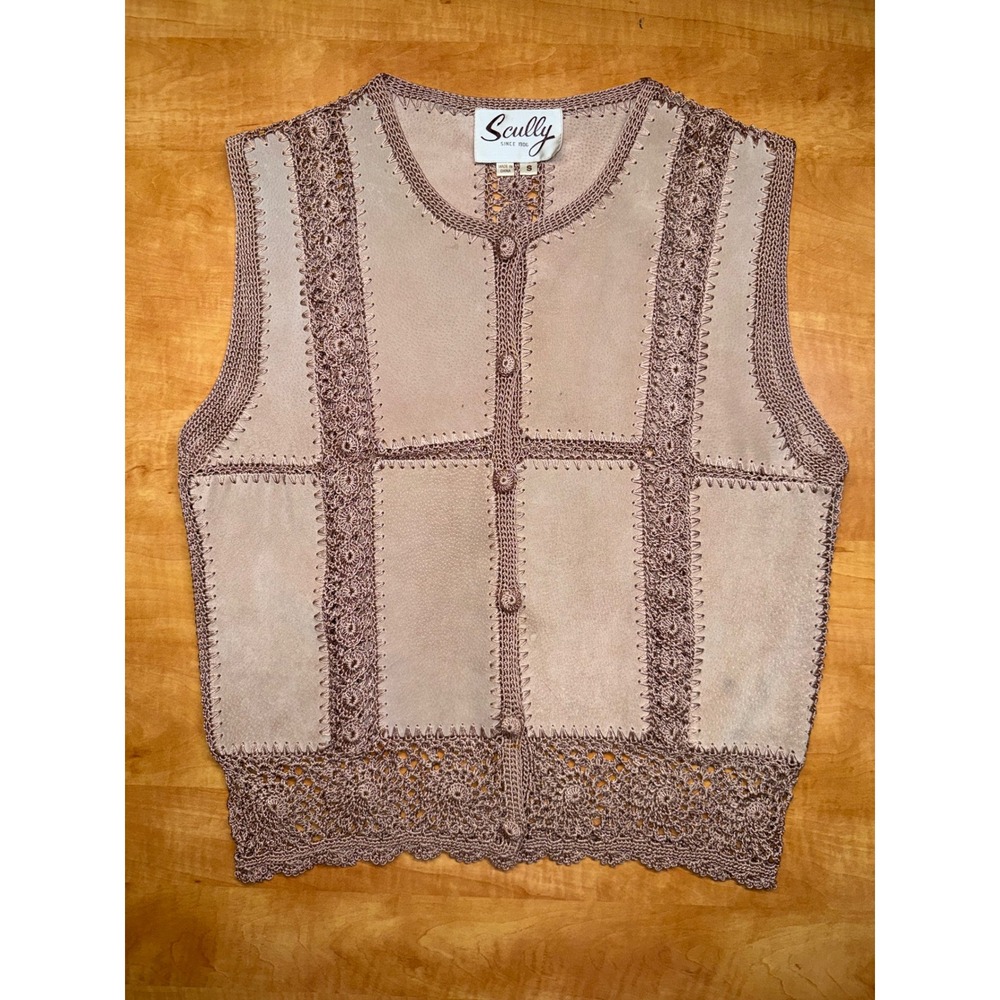 Scully Leather Crochet Knit Vest Mauve Tan Western Boho Suede Button Front Small